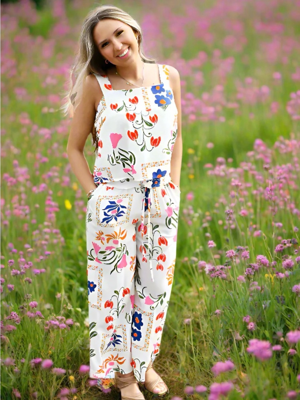 Floral White Wide-Leg Jumpsuit with Drawstring Waist